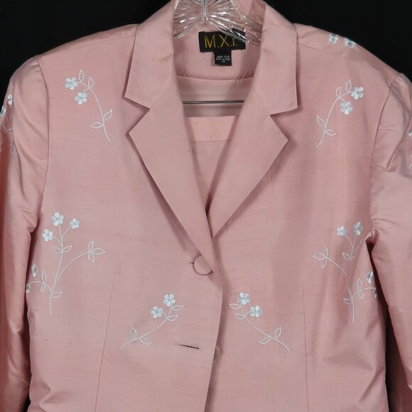 Vintage M.X.I. Peach Pink Embroidered Flower Silk Suit Sz. 10 - Picture 2 of 16